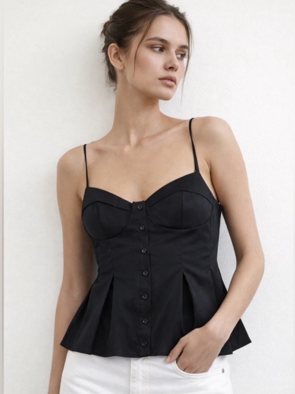 Zara Black Corset Peplum Cami Top Tie Shoulder Straps Size M NWT